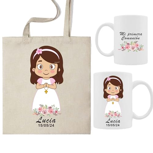 ELISA BOTELLA Pack caneca primeira comunhão bolsa de tecido - kit presente personalizado