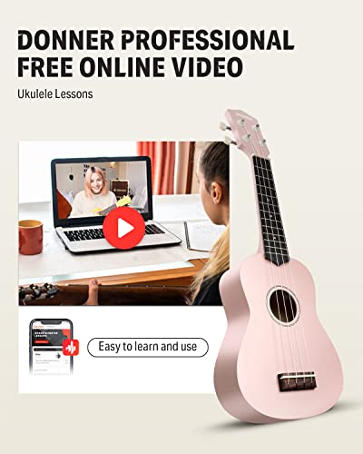 Image of Donner Soprano Ukulele for Beginner 21 Inch Matte Ukulele Beginner Kit with Bag Strap Tuner Strings Picks Cloth, Free Online Lessons, Kids Holiday Christmas & Birthday Gift (Light Pink)