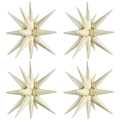 Image of TONIFUL 4 Pcs Explosion Star Balloons Cream White Foil Balloon Party Decor | 22 Inch Large Mylar Star Balloon for Cream Party Decor Boho Birthday Wedding Bridal Shower Neutral Baby Shower Engagement