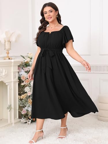 Image of SCOMCHIC Women Plus Size Maxi Dress Off The Shoulder Bridesmaid Formal Wedding Guest Belted Flowy A Line Long Dresses