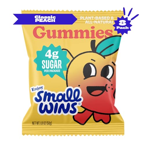 Enjoy Small Wins Candy by Jayson Tatum, Healthy Gummy Candy with Low Sugar, Low Calorie Snacks, Organic Plant-Based Ingredients, Classic Peach Flavor (8 Pack)