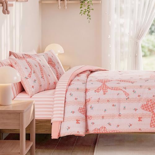 Image of Twin XL Comforter Set with Sheets for Girls-5 Pieces Twin Bedding Sets | Soft Printed Cute Bow Comforter with Pillowcases & Shams, 66 inch X 90 inch
