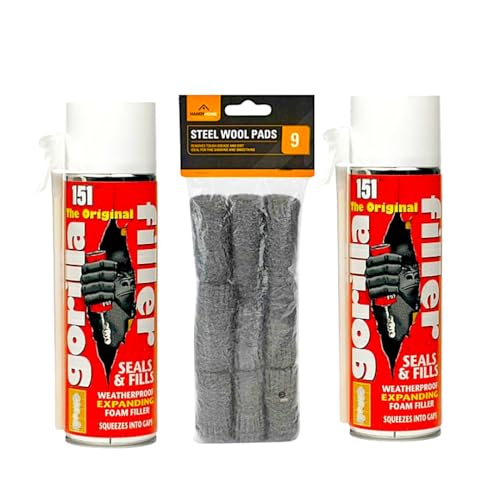 EZ buys 2 x Cans Of The Original Gorilla Filler Weatherproof expanding foam 500ml Each 9 Steel Wool Pads