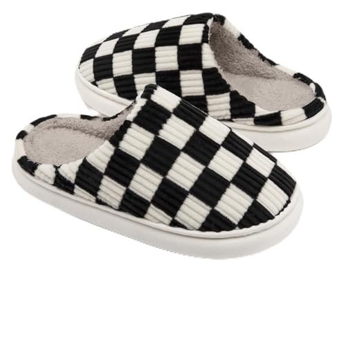 House Slippers for Woman Men, Fuzzy Checkered Mens Womens Slippers Warm Memory Foam House Shoes Indoor Outdoor with Faux Fur Lining
