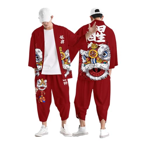 Pantalones harén samurai y cárdigan kimono con estampado japonés fluido para ropa de cosplay