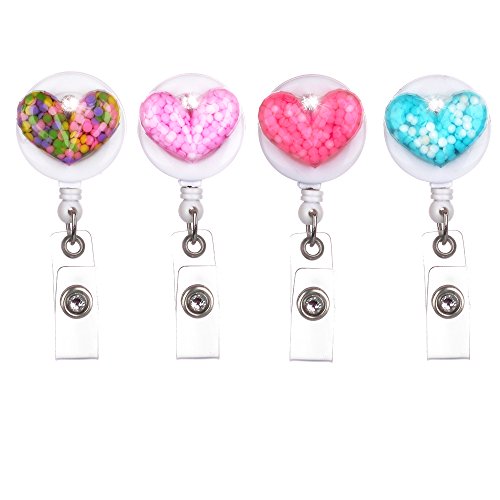 Qinsuee Love Heart Retractable ID/Name Badge Holder with Alligator Clip, 4 Pack