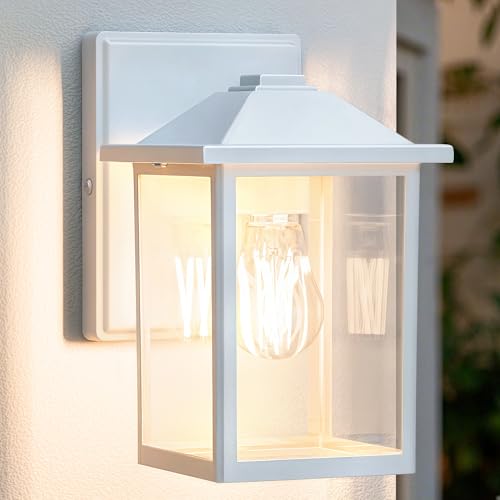 Image of MATAMEYE Outdoor Wall Light Fixture, Exterior Waterproof Porch Lighting | White Patio Wall Lantern, Anti-Rust, Clear Glass, E26 Socket, Wall Mount Sconce Lighting, Outside Front Door Light Entryway