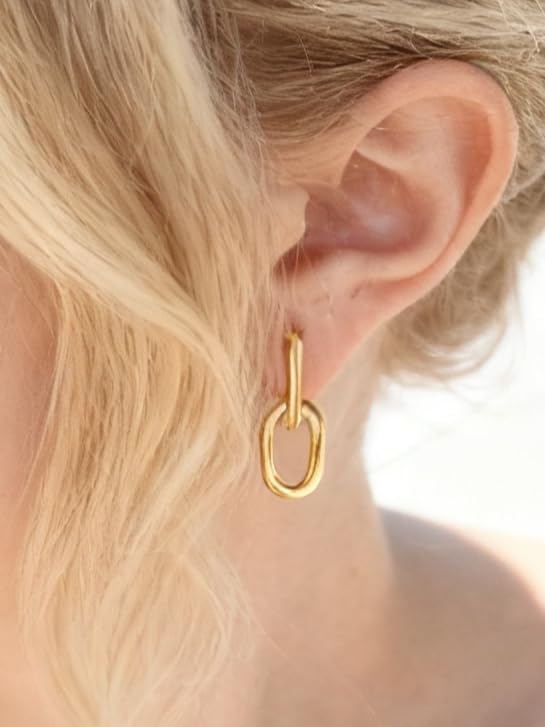 FAN&LOUIS 24K Gold Plated Clip On Earrings for Women, Gold Chain Link Drop Dangle Double Hoops Hypoallergenic Trendy Lightweight Clip-On Earrings for Non-Pierced Ears - Image 3