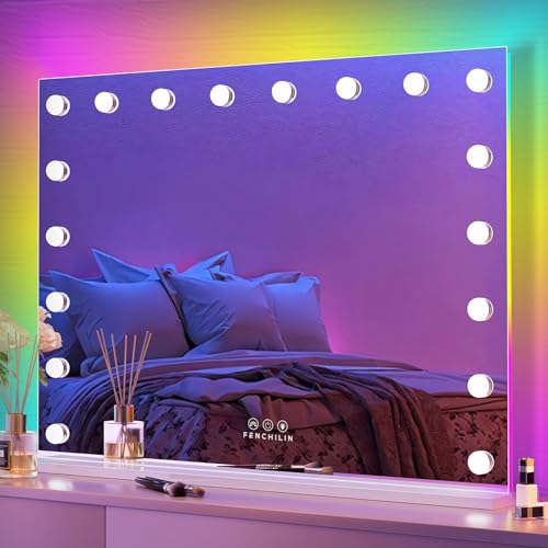 FENCHILIN Hollywood Mirror with RGB Backlit 18 LED Vanity Mirror with Lights 3 Lighting Modes with Dynamic RGB Backlit Vanity Makeup Mirror with Lights Shatterproof for Dressing Table 80x60cm