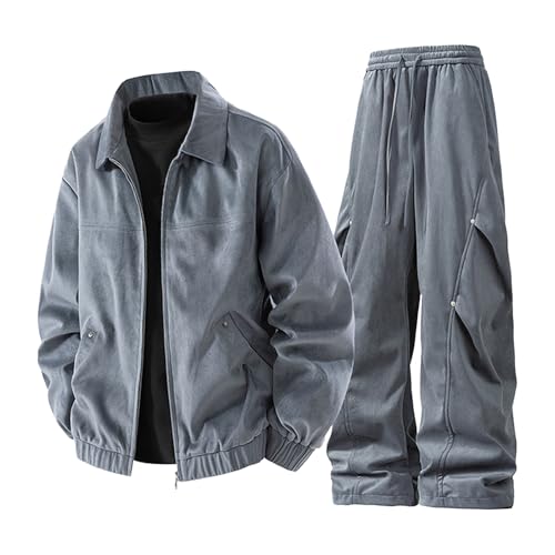 Mens Long Sleeve Sets 2 Piece Outfits Casual Lapel Neck Zip Up Jacket and Elastic Waist Pants Set Trendy Casual Outfit