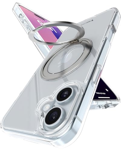 Image of eller sante Shiny Kickmag Back Cover Case for iPhone 16 Plus with Magnetic Ring Metal Kickstand Camera Screen Protector TPU Shockproof 10ft Drop Protection Compatible with Mag-Safe- Transparent