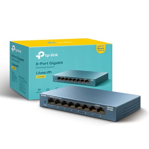 TP-Link 8 Port Gigabit Network Switch Ethernet Switch Splitter Hasslefree Silent Operation Energy-Saving Metal Case Desktop or Wall Mount (LS108G)
