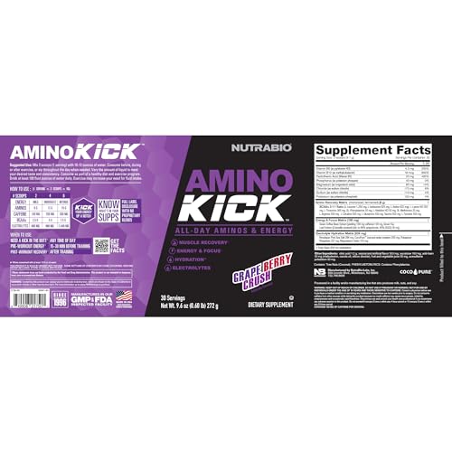 Image of NutraBio Amino Kick - BCAA Powder with Natural Caffeine - Amino Acids Supplement for Energy, Hydration & Recovery - BCAAs, Electrolytes & Amino Acids - Grape Berry Crush, 30 Servings
