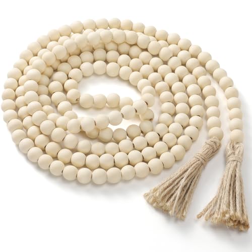 Image of Equsion Wooden Bead Garland with Tassels, Extra Long Fireplace Wood Bead Garlands Rustic Farmhouse Vintage Boho Beads Garland for Party Home Decor Tiered Tray Decorative Beads(Natural Wood Color)
