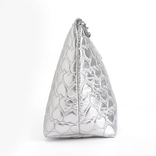 Juicy Couture Silver Makeup Bag Cosmetics Organizer Travel Essentials Top Zip Pouch Shiny Quilted Heart4