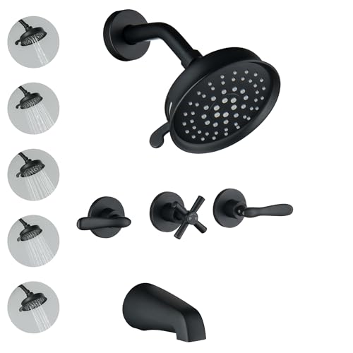 DOUBLUOEG 3 Handle Shower Faucet Set with Tub Spout Matte Black Three Handle Tub Shower and Faucet Set 3 Knob Shower Tub Faucet