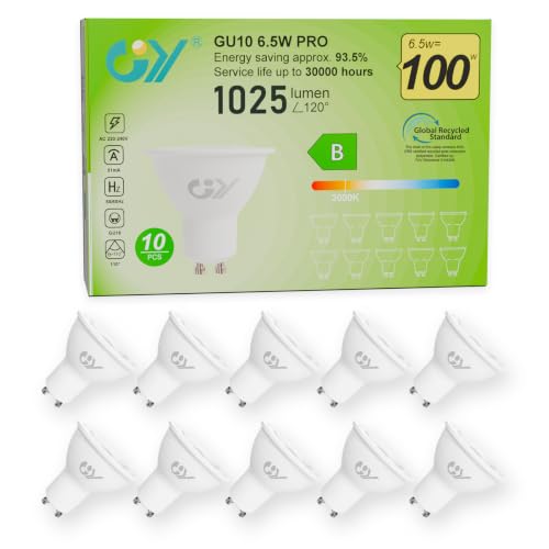 GY Bombilla LED GU10 6.5W (Eq. 100W) 1025LM 3000K Blanco Cálido, No Regulable, 110 Grados Ángulo de haz   Bombillas GU10 LED Pack de 10
