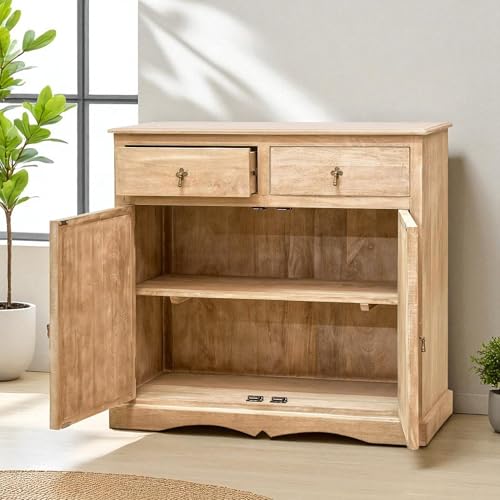 Image of The Attic Jodhpur Sideboard, Multipurpose Cabinet for Kitchen and Living Room Storage, Crockery Storage, Solid Wood Handcarved Marvel, Natural + White Matte Finish