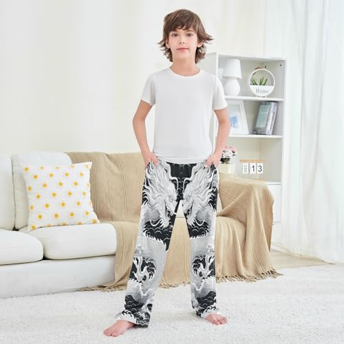 Pajama Pants White Chinese Dragon Long Sleep Pants Lounge Bottoms4