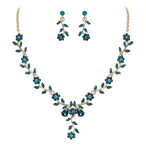 BriLove Women's Wedding Jewelry Leaf Cluster Flower Crystal Dangle Earrings Pendant Necklace Set for Bridal Blue Topaz Gold-Tone Cover
