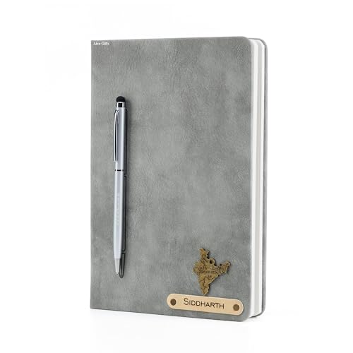Image of AICA Personalized Name & Charm Magnetic Stick Leather (Grey) Diary & Roller Pen |Customized Corporate Gift for Men Women |Diwali Gifts for Family and Friends|Diary for Men Women |Gifts For Employee