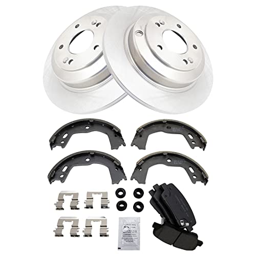 Image of TRQ Rear Brake Pad and Rotor Set Ceramic Parking Brake Shoes Compatible with 2010-2014 Hyundai Genesis Coupe 17 Inch Wheels
