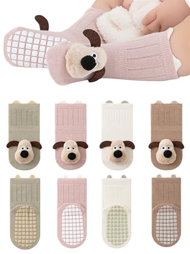 BEHELE Baby Toddler Non-Skid Crew Socks, 4 Pairs, Cartoon Doll Print, Non Slip (US, Age, 1 Year, 3 Years, Style1)