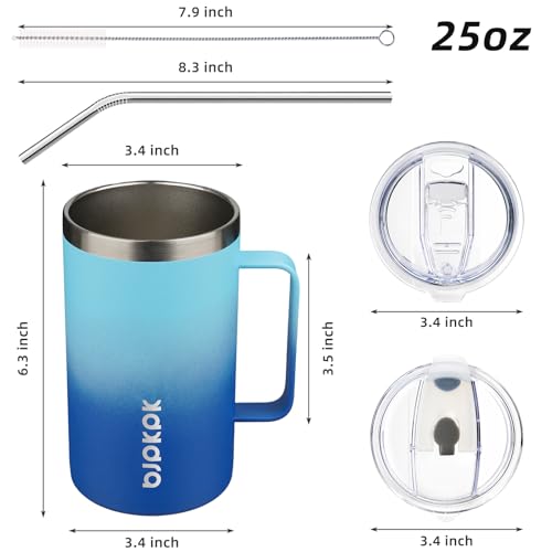 Image of BJPKPK 25oz Insulated Coffee Mug with Handle, Stainless Steel Travel Mug | Keeps Drinks Hot & Cold, Double Wall Vacuum, 2 Lids Included, BPA-Free Coffee Tumbler for Home, Office & Travel