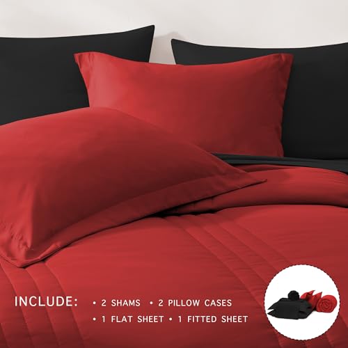 Image of Monbix Full Comforter Set - 7 Pieces Bright Red Bed in a Bag Full Size Bedding Sets with Comforters, All Seasons Comforter with Sheets, Pillowcases & Shams