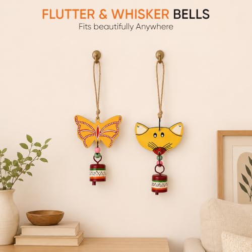 Image of Aakriti Art Creations Flutter & Whisker Wooden Hanging Bells Set | Handmade Modern Art Wooden & Metal Wind Chimes | Indoor & Outdoor Hanging Bells for Balcony, Garden, Living Room & Gifting