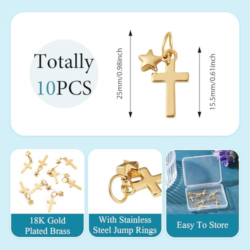 Image of 10Pcs 18K Gold Plated Cross Charms Brass Golden Crucifix with Star Pendants Permant Metal Jewelry Charms with Jump Ring for DIY Bracelet Necklace Earring Jewelry Making