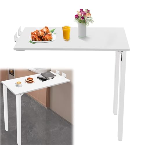 WUSILILU Wall Mounted Folding Table with Legs, 29.52 * 15.75 * 29.13in Small Folding Dining Table, Wall Mounted Foldable Desk for Small Space, Laundry, Dining Room, Bedroom, Home Office (White)