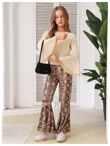 Image of WDIRARA Girl's 2 Piece Flounce Sleeve Top and Leopard Print Bell Leg Bottom Pants Set