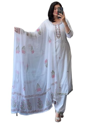 Image of Women's Embroidery Work Georgette Fabric Kurti With Pant & Dupatta | Round Neck & 3 /4 Sleeve | Lightweight & Breathable Fabric-WHITE