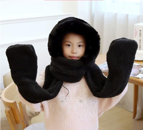 Kids Warm Hoodie Hat/Scarf/Gloves Set Soft Plush Thick Shu Velveteen Winter Hat for Girls Boys 4-10 Years Old4