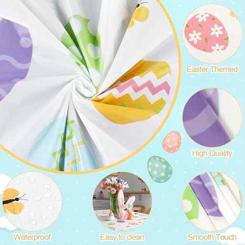 Image of Hahafelt 3 Pcs Spring Easter Plastic Round Tablecloth 84 Inch Colorful Egg Disposable Table Cover Pastel Bunny Flower Watercolor Egg Circular Table Cloth for Spring Easter Birthday Party Decoration