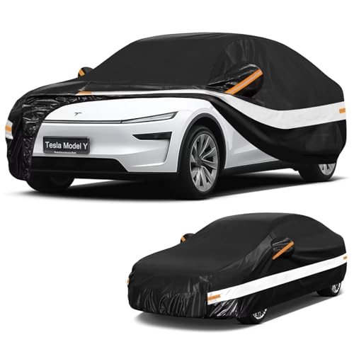 Image of 10 Layers Car Cover with Charger Port Custom Fit for Tesla Model Y (2020-2026), Waterproof All Weather for Automobiles, Outdoor Full Cover Sun Dust Rain Protection with Cotton. Black