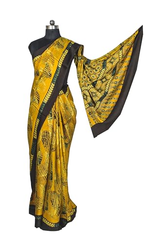 Image of Ethnics of Kutch Ajrakh Modal Silk Saree For Women | Natural Dye Hand Block Print |With Unstitched Blouse Piece | 5.5 Mtr Length (Yellow 27A01G)