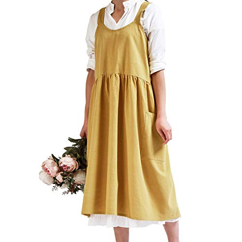 Dingtuo Cotton Linen Apron Japanese Aprons Pinafore Apron Dress Cross Back Apron for Women with Pockets Baking Crafing Apron Yellow One Size