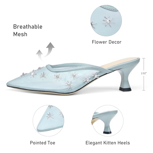 Image of Women Kitten Heel Mules Crystal Flower Decor Mesh Pointed Toe Low Heel Casual Pumps