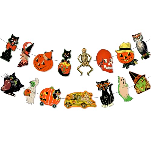 Vintage Halloween Garland Banner Decorations, Retro Pumpkin Witch Ghost Cat Skull Bunting Garland Banner for Vintage Halloween Home Office Wall Party Decor