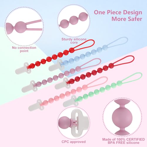 Image of 6-Pack Silicone Pacifier Clips for Babies, Safe Teething Beads, Rust-Free Holders, Baby Boy and Girl Essentials, Newborn Must-Have Accessories, BPA-Free (Pink)