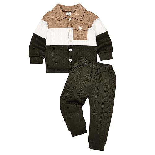 Image of KAFIREN Baby Boy Fall Winter Clothes Toddler Boy Outfits Patchwork Button Down Tops Shirt Pocket Pants 2 Piece 12 Months-5T