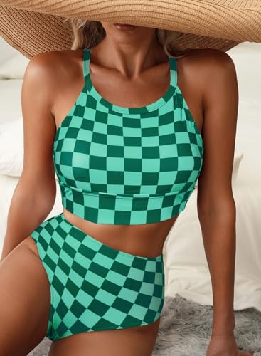 Image of Herseas Women's Bikini Sets High Neck Tropical Leaf Print High Waisted Two Pieces Swimsuits Bathing Suits