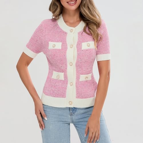 Image of Womens Short Sleeve Button Down Cardigans Sweater Cropped Lightweight Crew Neck Elegant Knit Tops with Pockets