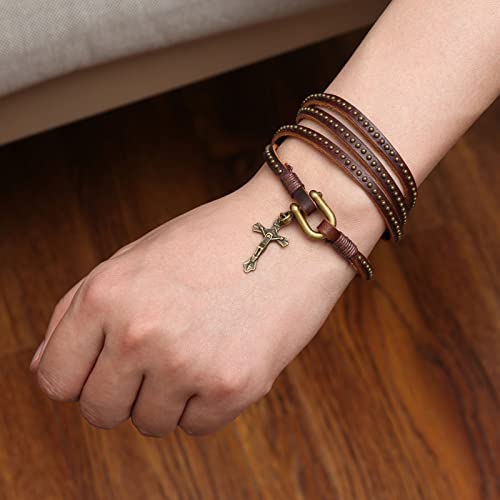 Hzman Leather Braided Cross Bracelets For Men Boys Retro Religious Handmade Jesus Crucifix Wrap Wristband Bangle Jewelry Gift With U-Shaped Buckle (Brown) #TOP3