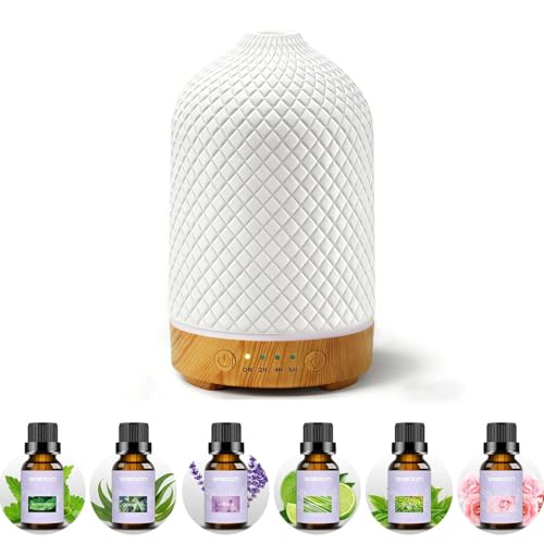 Diffuseur D'huiles Essentielles avec 6x10ml Set d'huiles Essentielles Diffuseur Electrique Ultrasonique Aromathérapie en Céramique 200ML avec Minuterie D'arrêt...
