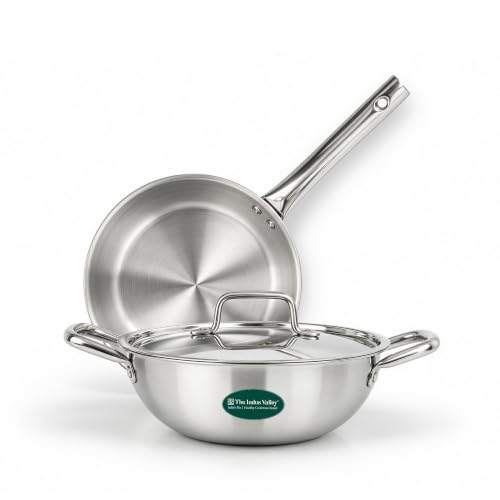 Image of The Indus Valley Tri Ply Stainless Steel Cookware Combo Set | 22cm Kadai with SS Lid + 22cm Fry Pan | 3-Layer Thick Body | 304 Food-Grade Stainless Steel | Induction Compatible