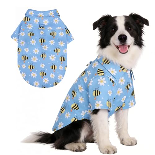 KOOLTAIL Spring Dog Shirt with Leash D-Ring, Soft Pet Botton Up Summer Beach Clothes for Medium Large Dogs, Breathable Puppy Polo Outfit with Sun & Insect Protection, Indoor Outdoor, Boy&Girl, Blue L