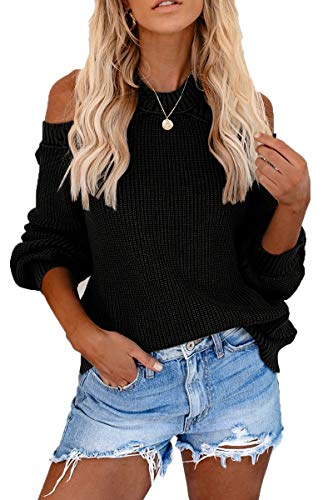 CHYRII Women Cold Shoulder Long Sleeve Sweater Open Back Chunky Knitted Pullover Tops Black M